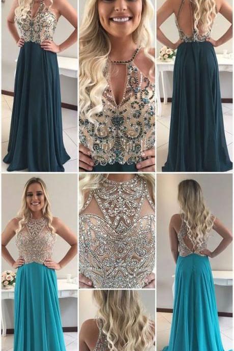 Blue Open Back Jewel Sweep Train Prom Dress With Beading M0512