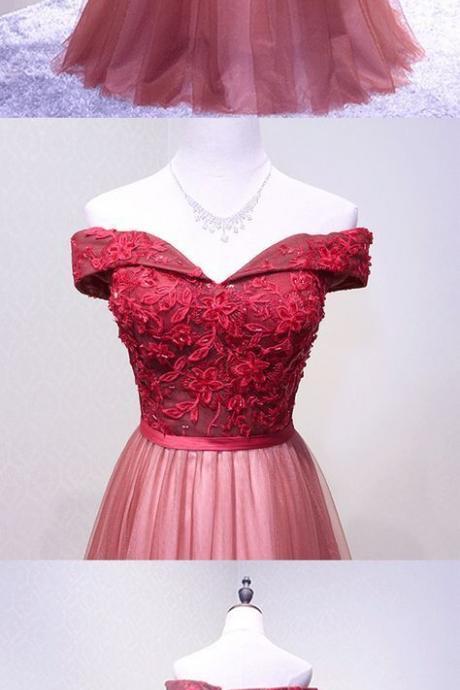 Elegant Dresses, Off-shoulder Evening Dresses, Lace Prom Dresses , Floor-length Prom Dresses M0526
