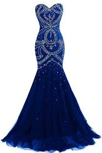 Royal Blue Beaded Embellished Sweetheart Floor Length Mermaid Formal Dress, Prom Dress