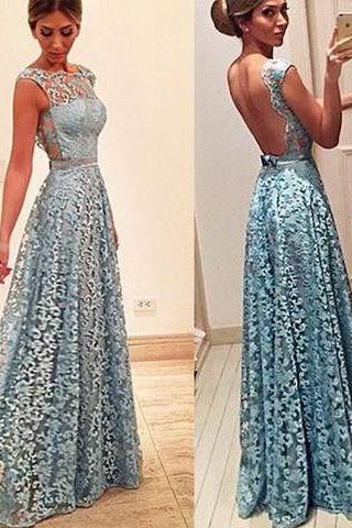 Blue Round Neck Lace Long Prom Dress, Evening Dress M0535