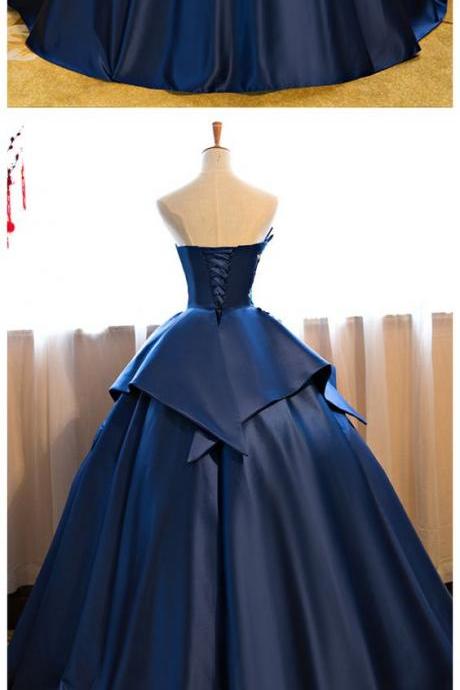 Royal Blue Floor Length Prom Dress Satin Wedding Gown Featuring Floral Embroidered Strapless Prom Dresses M0540