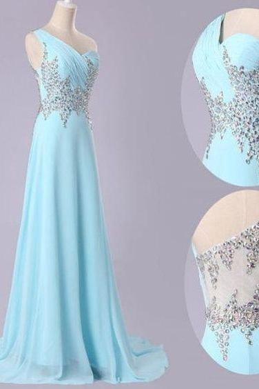 Light Blue Evening Dress,one Shoulder Prom Dress,chiffon Prom Dress,long Prom Dress, Prom Dress M0541