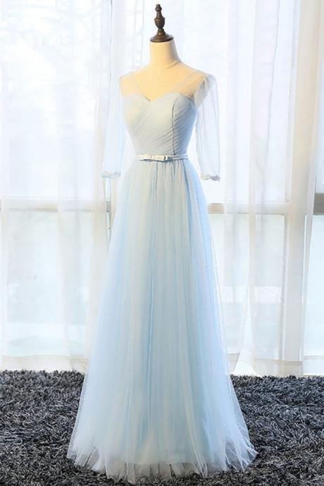 Prom Dresses, Fashion Prom Dresses,simple Pure Blue V Neck Long Bowknot Senior Prom Dress With Mid Sleeves M0546