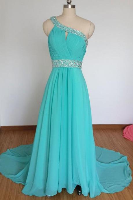 One-shoulder Turquoise Blue Chiffon Beaded Long Prom Dress With Long Train M0550