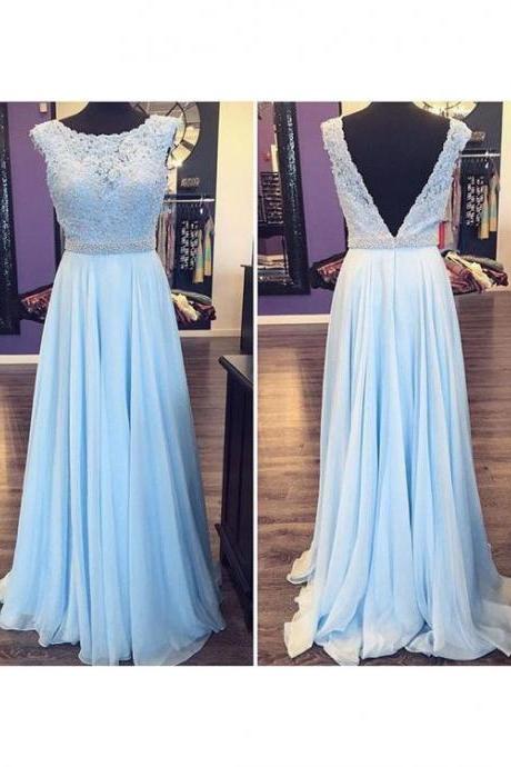 Long Blue Beaded Lace Appliques Prom Evening Party Dresses M0561
