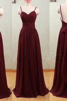 Pretty Simple Straps Backless Maroon Long Prom Dress With Bow, Maroon Prom Dress , M0570