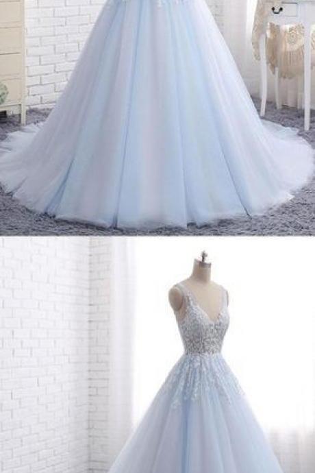 Elegant A-line V-neck Blue Tulle Long Prom/evening Dress With Appliques M0580