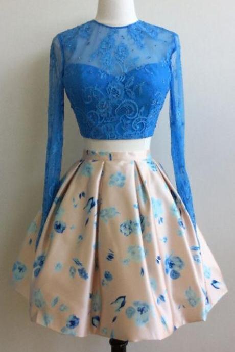 Stylish Two Piece Jewel Long Sleeves Short Floral Sky Blue Homecoming Dress With Lace Top Beading M0589