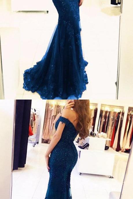 Elegant Pearl Beaded Lace Mermaid Evening Dresses Off The Shoulder Prom Gowns M0594