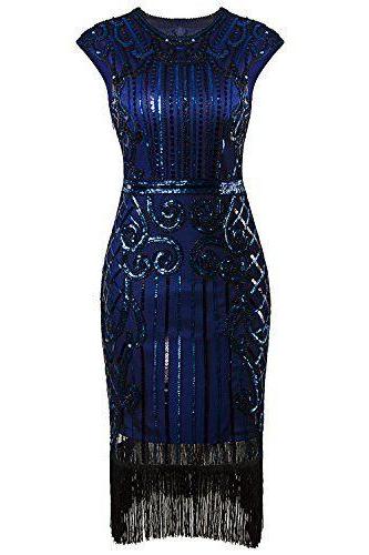 Fringe Midi Beaded Sequin Vintage Inspired Prom Dress - Sparkly Prom Dress M0597