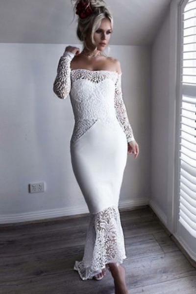 Mermaid Off The Shoulder Long Sleeve Asymmetry White Prom Dress With Lace M0611