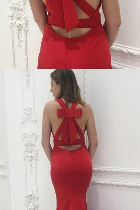 Mermaid Deep V-neck Sweep Train Red Satin Prom Dress With Bow M0617