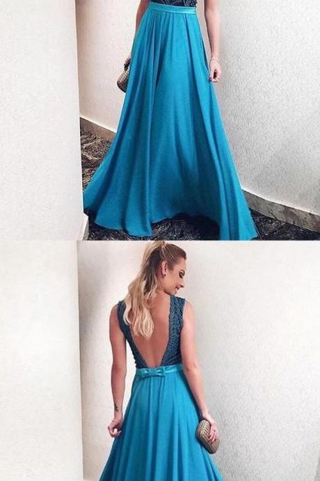 A-line Scoop Backless Floor-length Blue Prom Dress With Lace Bowknot M0629