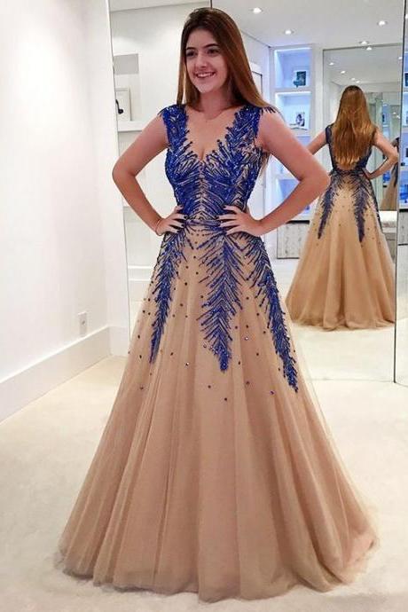 A-line V-neck Sweep Train Backless Champagne Tulle Prom Dress With Appliques Beading M0642