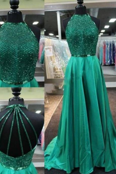 Delicate Round Neck Sweep Train Emerald Backless Prom Dress With Beading M0660