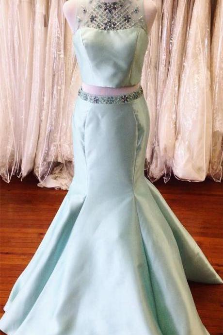 Charming Two Piece Round Neck Open Back Long Mint Mermaid Prom Dress With Beading Rhinestone M0665