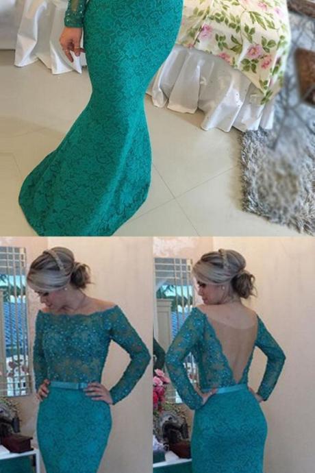 Elegant Off The Shoulder Long Sleeves Floor-length Turquoise Lace Prom Dress With Sash Pearls M0666