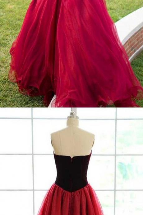 Ball Gown Sweetheart Sweep Train Dark Red Tulle Pleated Prom Dress M0670