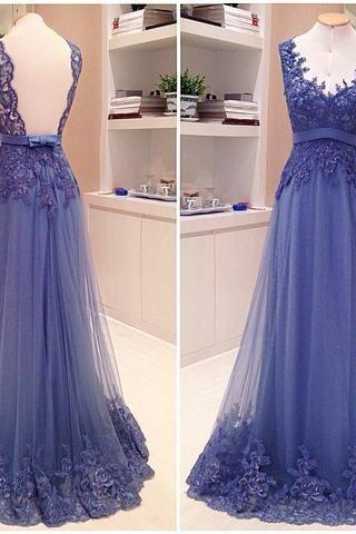 Modern A-line V-neck Purple Tulle Floor-length Prom Dress With Appliques M0679