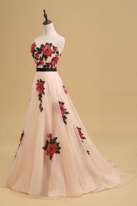 Rose Embroidered Floor Length Chiffon A-line Prom Dress Featuring Sweetheart Bodice And Chapel Train M0683
