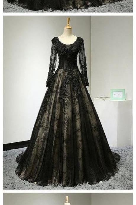 A-line Scoop Neck Lace Court Train Appliques Lace Black Long Sleeve Prom Dress . M0694