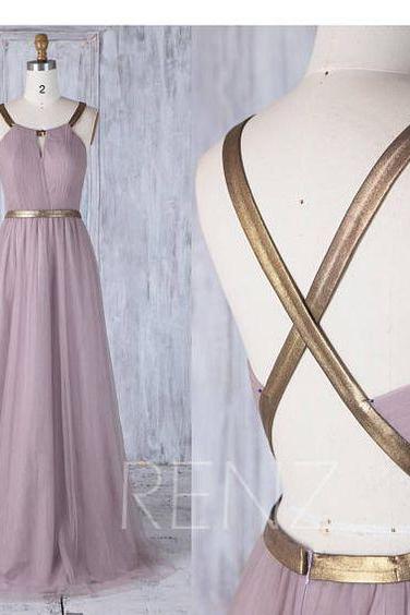 Dark Mauve Tulle Bridesmaid Dress With Gold Belt, Key Hole Neck Wedding Dress, A Line Long Prom Dress Floor Length. M0706