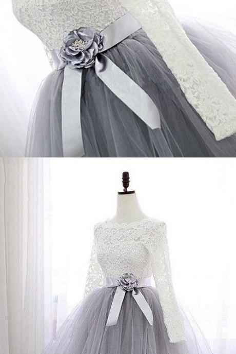 A-line Bateau Long Sleeves Light Gray Tulle Prom Dress With Flower M0728