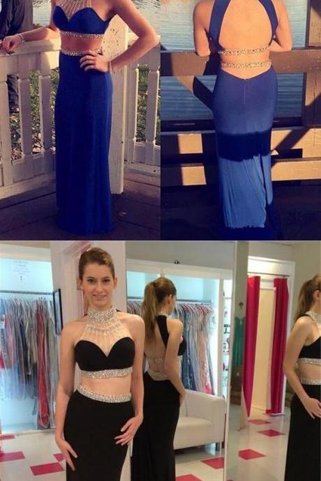 Sexy Sheath Halter Two-piece Beading Sweep Black Stain Prom Dress M0732