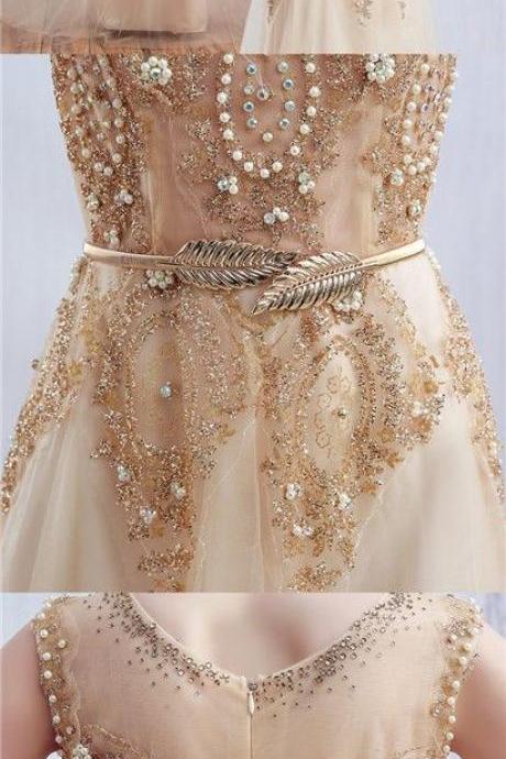 Luxurious A-line Round Neck Champagne Long Prom Dress With Pearl M0741
