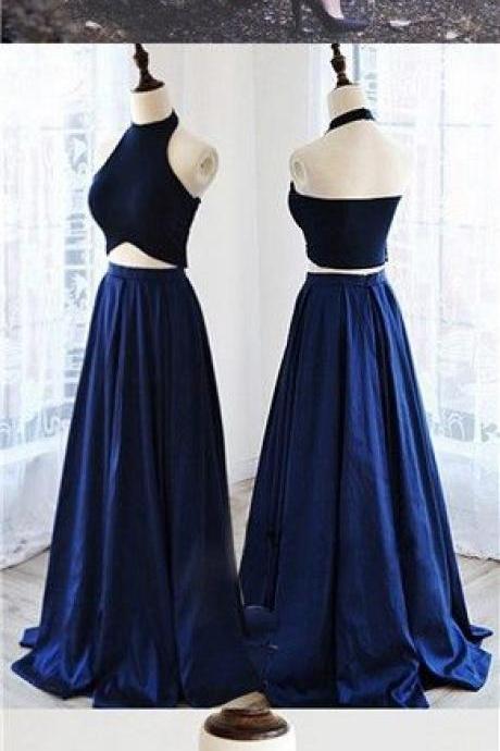 Elegant A Line Two Piece Halter Long Royal Blue Pleated Prom Dress M0742