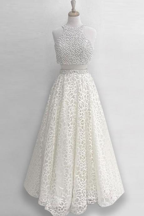 Two Piece Jewel Floor-length Ivory Lace Prom Dress With Beading M0744