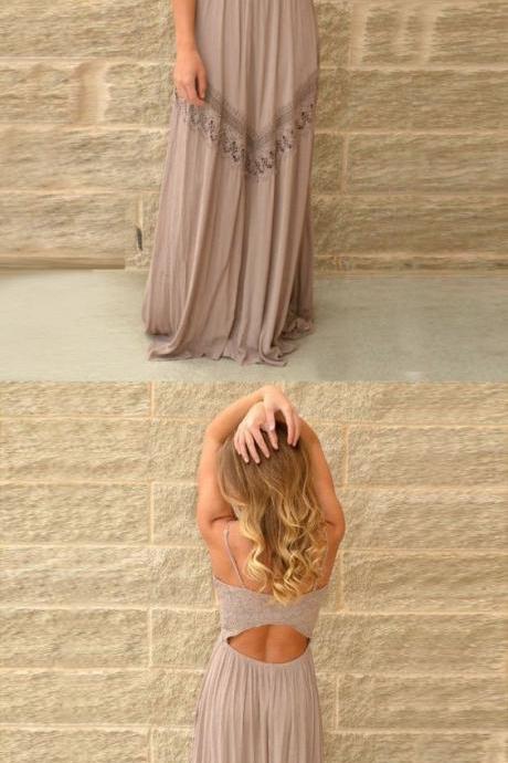 A-Line Spaghetti Straps Long Gray Polyester Prom Dress with Lace M0750
