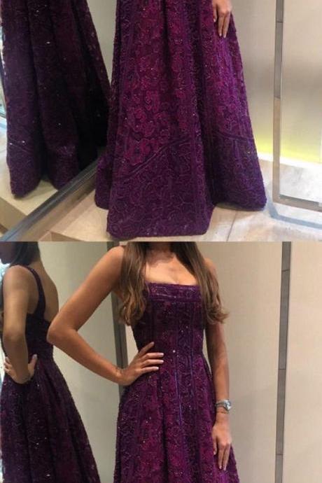 A-line Square Neck Floor-length Purple Lace Prom Dress With Beading M0752