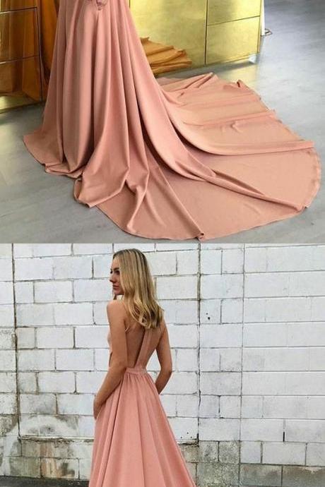 A-line High Neck Court Train Blush Prom Dress Cut Out Back With Pockets M0753