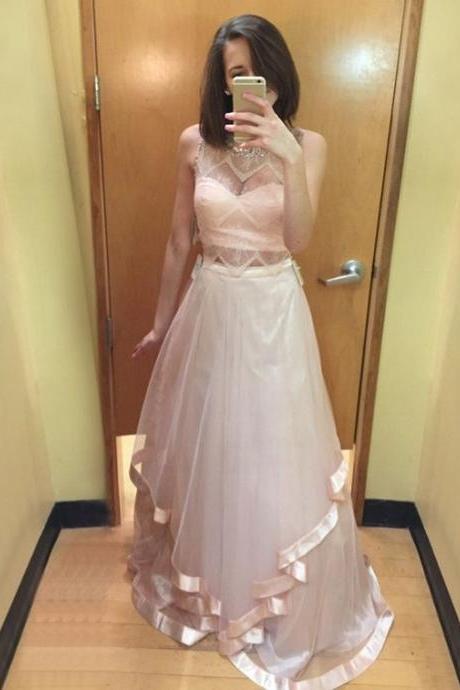 A-Line Scoop Sweep Train Light Pink Tulle Prom Dress with Lace Beading Ruffles M0759