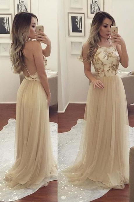 A-Line Halter Sweep Train Criss-Cross Straps Champagne Tulle Prom Dress M0760