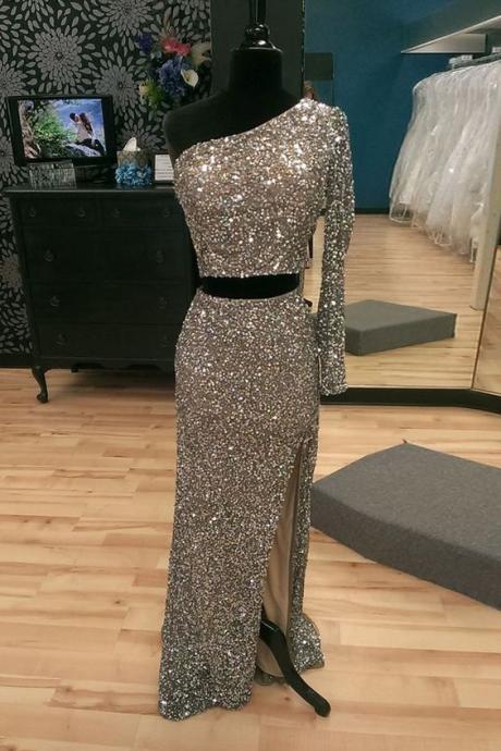 Two Piece One-shoulder Sequinned Beaded Long Prom Dress, Party Dress With Front Slit