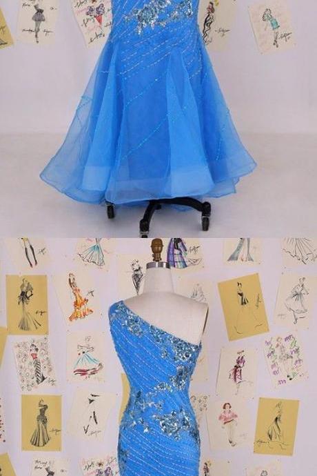 Elegant Mermaid One Shoulder Beading Chiffon Blue Long Prom Dress M0778