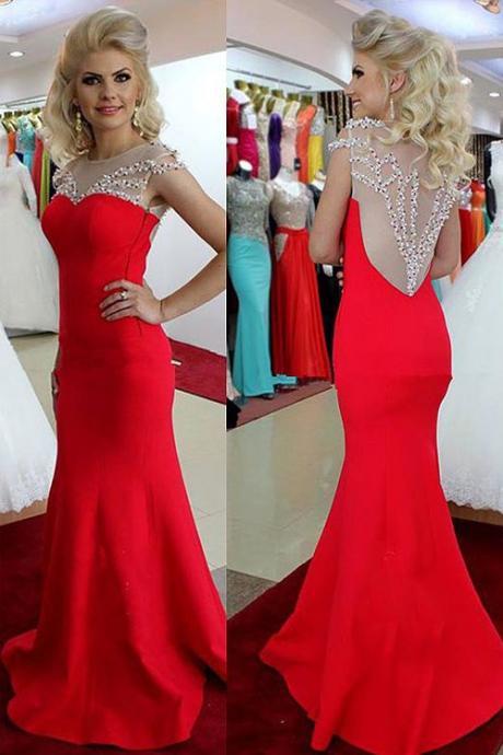 Sexy Mermaid Prom Dress Red Floor Length Beading M0779