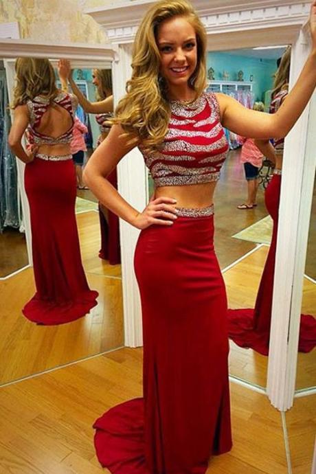 Two Piece Mermaid Prom/Evening Dress Red Sweep Train Backless Chiffon Sequins M0781