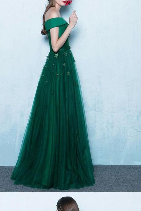 GREEN OFF SHOULDER LACE UP BACK APPLIQUES PARTY FOR TEENS PROM GOWN DRESSES M0792