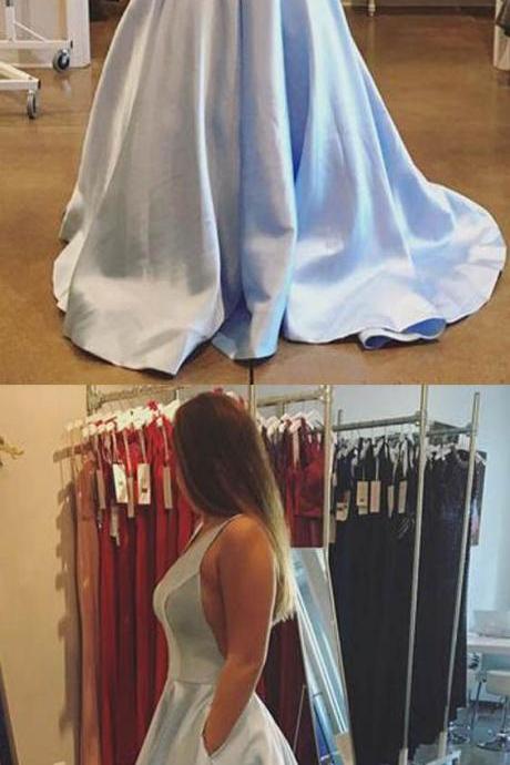 simple A-line V-neck Satin Cheap Prom Dresses with Pocket M0809