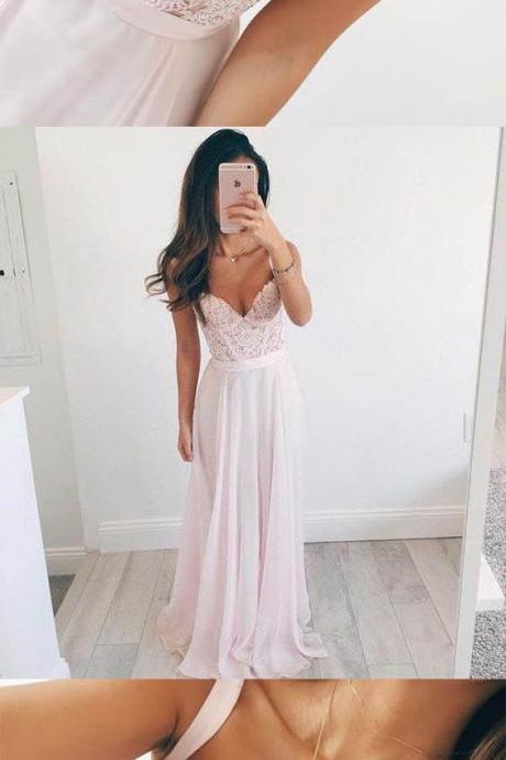 V-neck Long Chiffon Baby Pink Long Prom Dress Evening Dress M0815