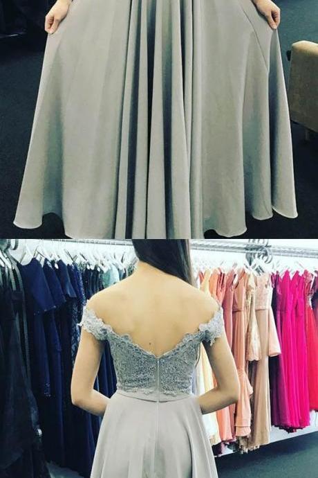 Off-the-Shoulder Sweep Train Grey Chiffon Prom Dress with Appliques M0822