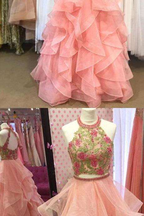Two Piece Round Neck Tiered Pink Open Back Prom Dress with Appliques M0825