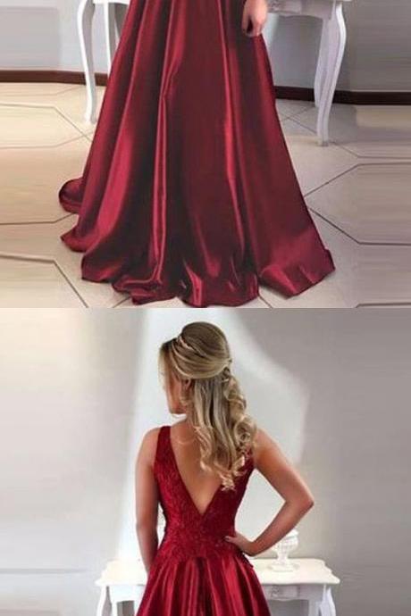 A-Line Round Neck V-Back Maroon Satin Prom Dresses with Lace M0826
