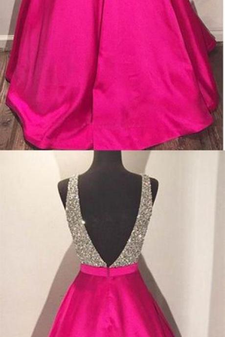 V-neck Floor-length Ball Gown Pink Satin Prom Dress With Beading M0830