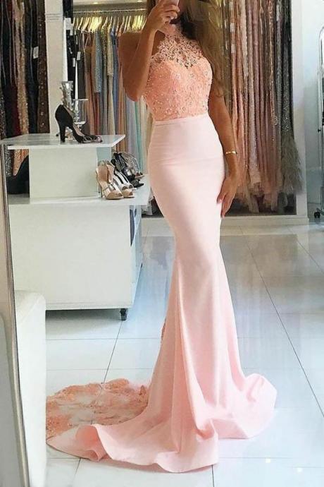 Mermaid High Nack Sweep Train Pink Satin Prom Dress with Beading M0835
