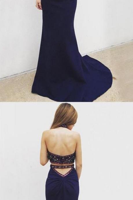 Two Piece Mermaid Halter Long Navy Blue Prom Dress With Beading M0839