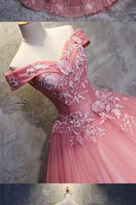 Pink Sweetheart Tulle Lace Applique Long Prom Gown, Sweet 16 Dress M0844
